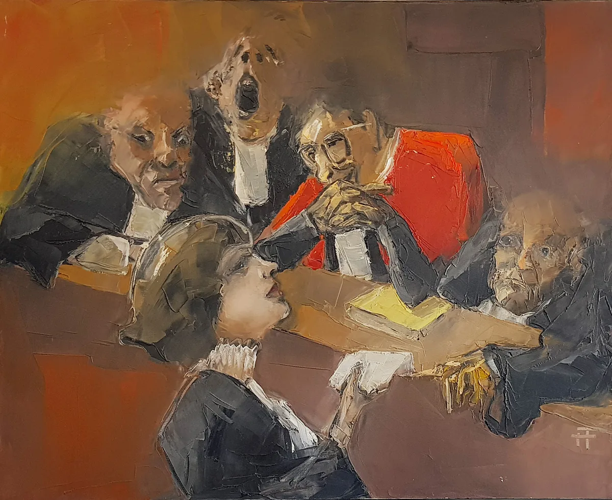 Peinture — des avocats en robe lors d'une plaidoirie